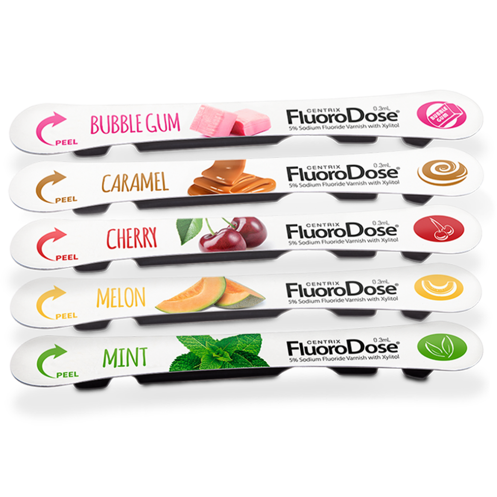 FluoroDose fluoride varnish in five flavors: Bubble Gum, Caramel, Cherry, Melon, and Mint.