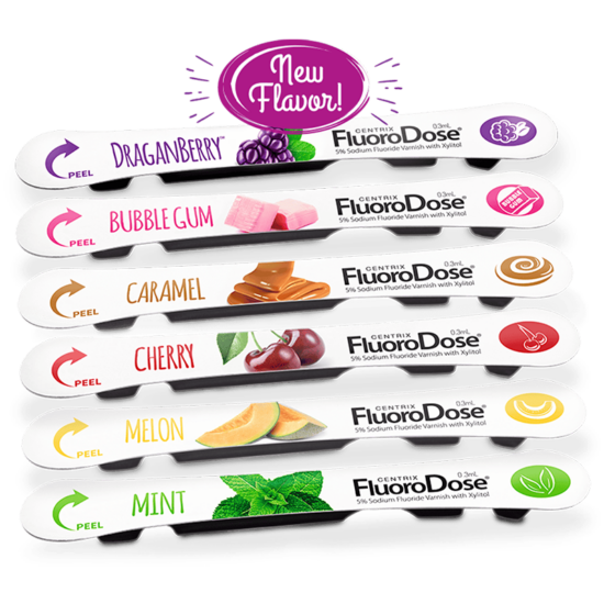 FluoroDose fluoride varnish in six flavors: Bubble Gum, Caramel, Cherry, DraganBerry, Melon, and Mint.