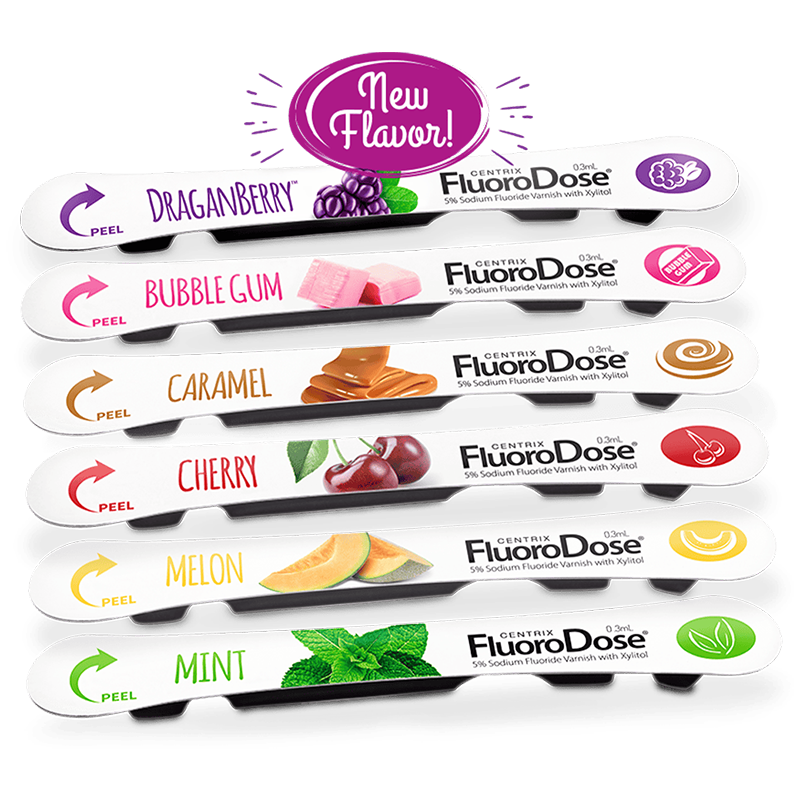 FluoroDose fluoride varnish in six flavors: Bubble Gum, Caramel, Cherry, DraganBerry, Melon, and Mint.